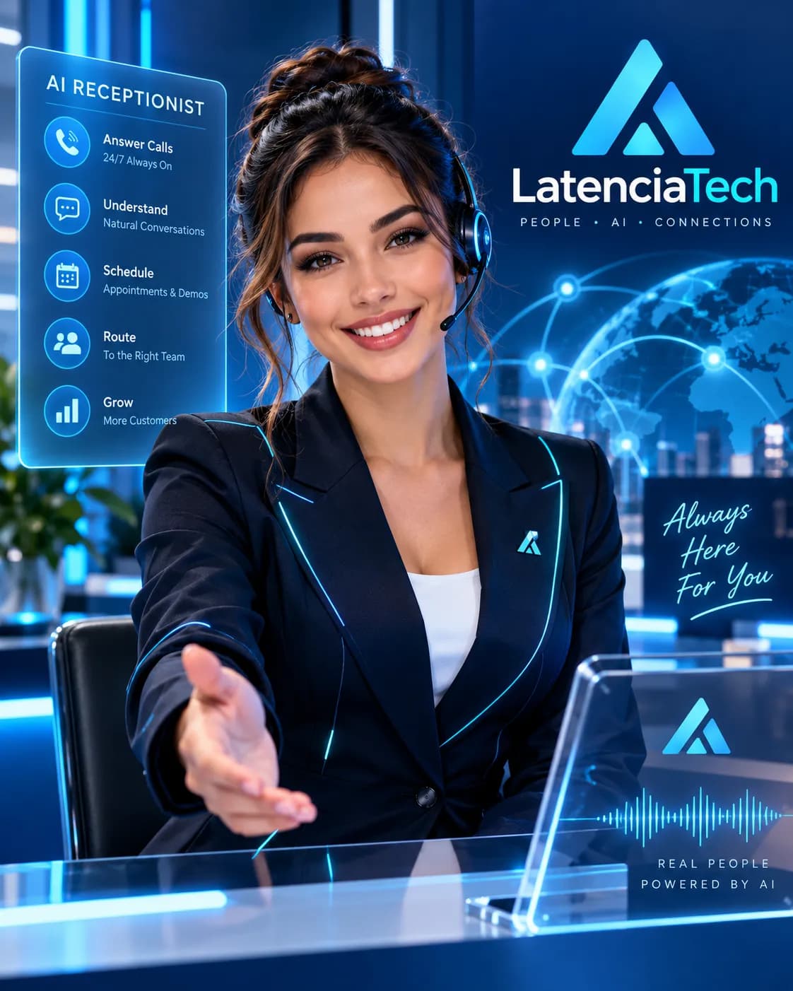 LIA, la recepcionista IA de LatenciaTech, atendiendo con auriculares
