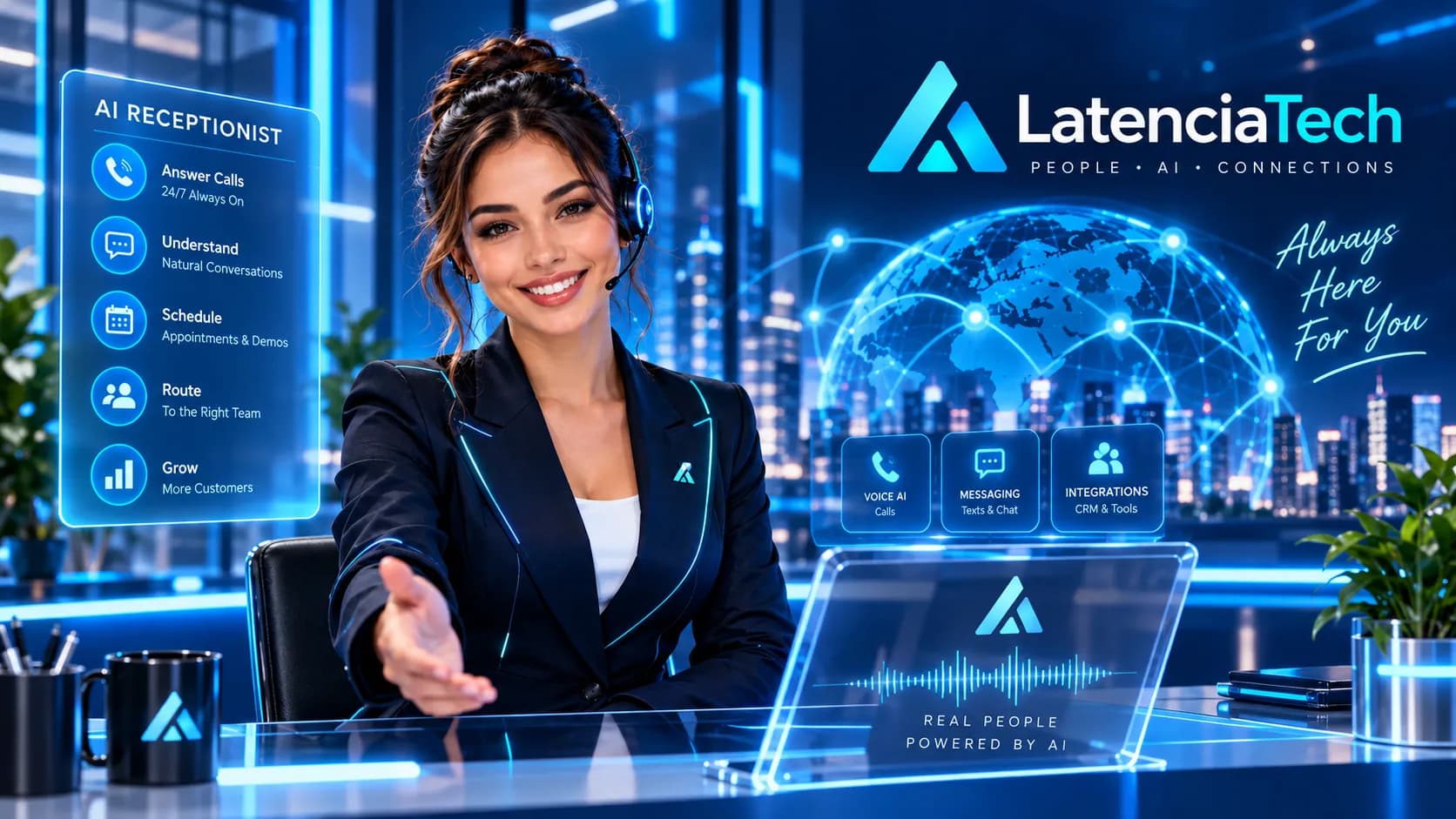 LIA, la recepcionista IA de LatenciaTech, atendiendo con auriculares en una oficina con vistas a la ciudad